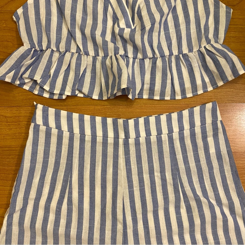 Blue Striped Ruffle Crop Tank & Shorts Set - Picture 8 of 9